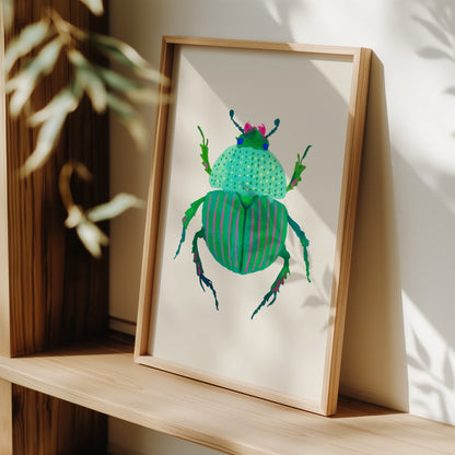 Cute turquoise and pink beetle art print, gouache on paper. Realistic beetle form with a colorful, stylized twist.