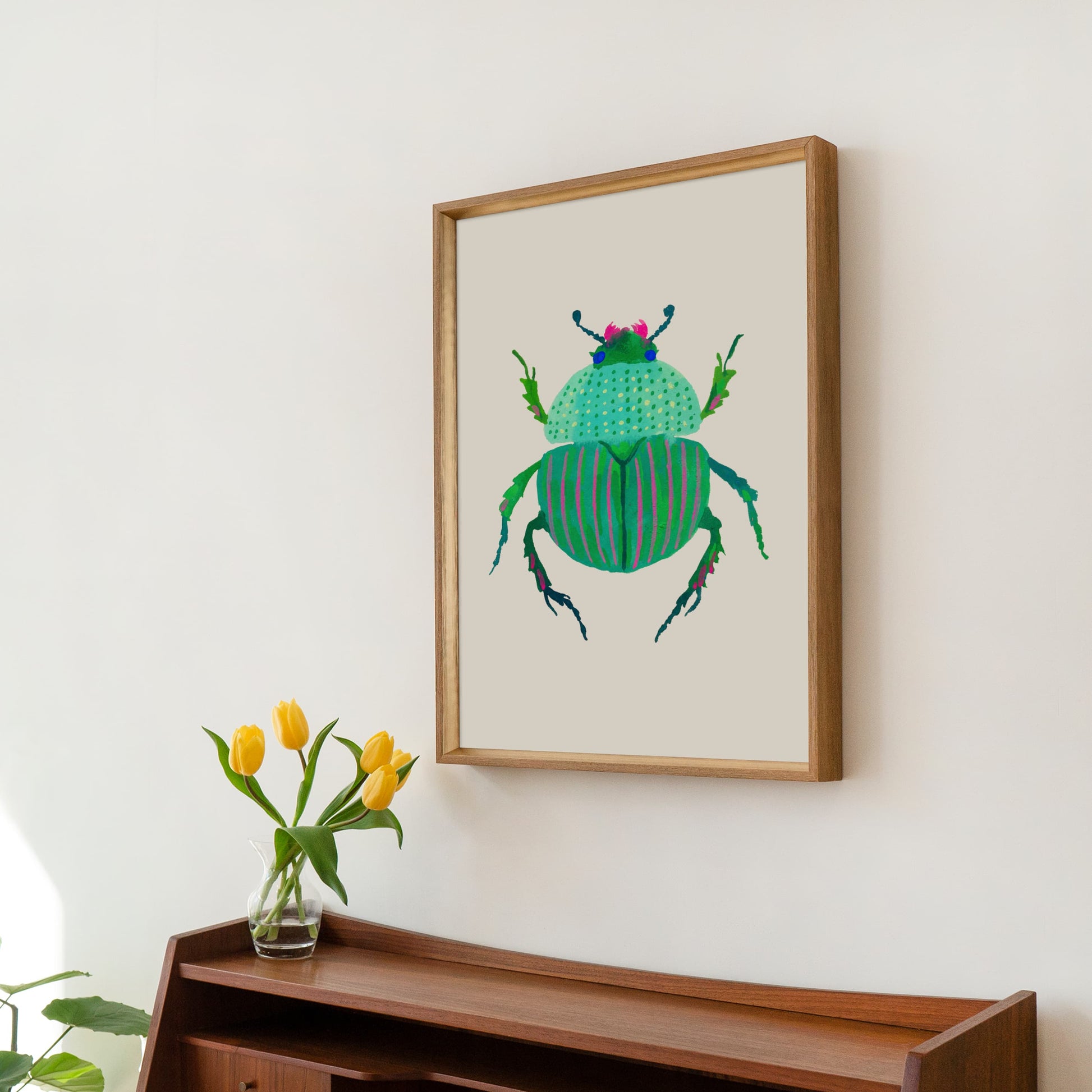 Cute turquoise and pink beetle art print, gouache on paper. Realistic beetle form with a colorful, stylized twist.