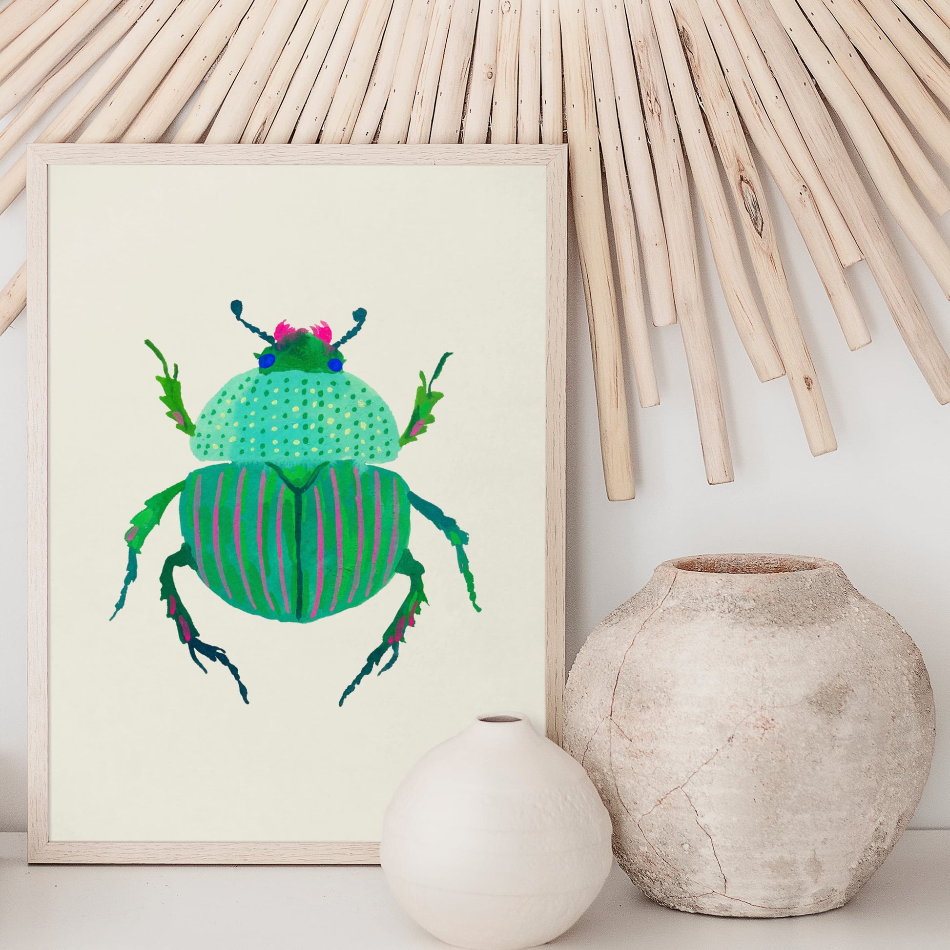 Cute turquoise and pink beetle art print, gouache on paper. Realistic beetle form with a colorful, stylized twist.