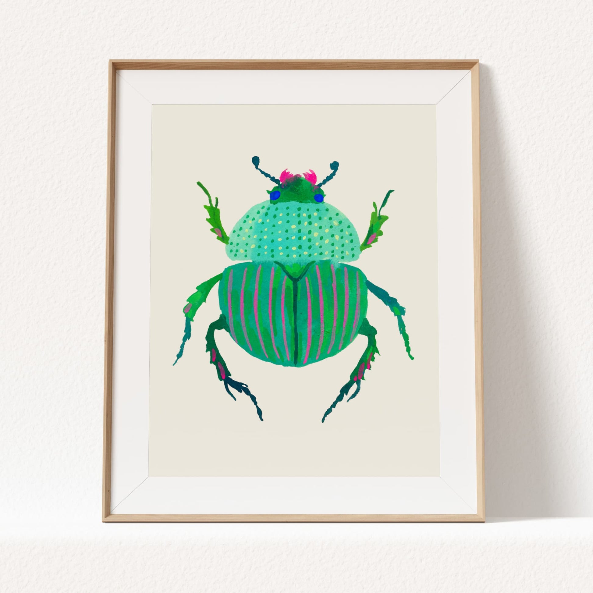 Gouache painting of a cute turquoise beetle with pink stripes and dotted patterns, reimagined in playful colors while keeping the real beetle shape. Part of a whimsical insect art print collection.