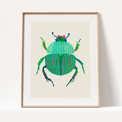 Gouache painting of a cute turquoise beetle with pink stripes and dotted patterns, reimagined in playful colors while keeping the real beetle shape. Part of a whimsical insect art print collection.