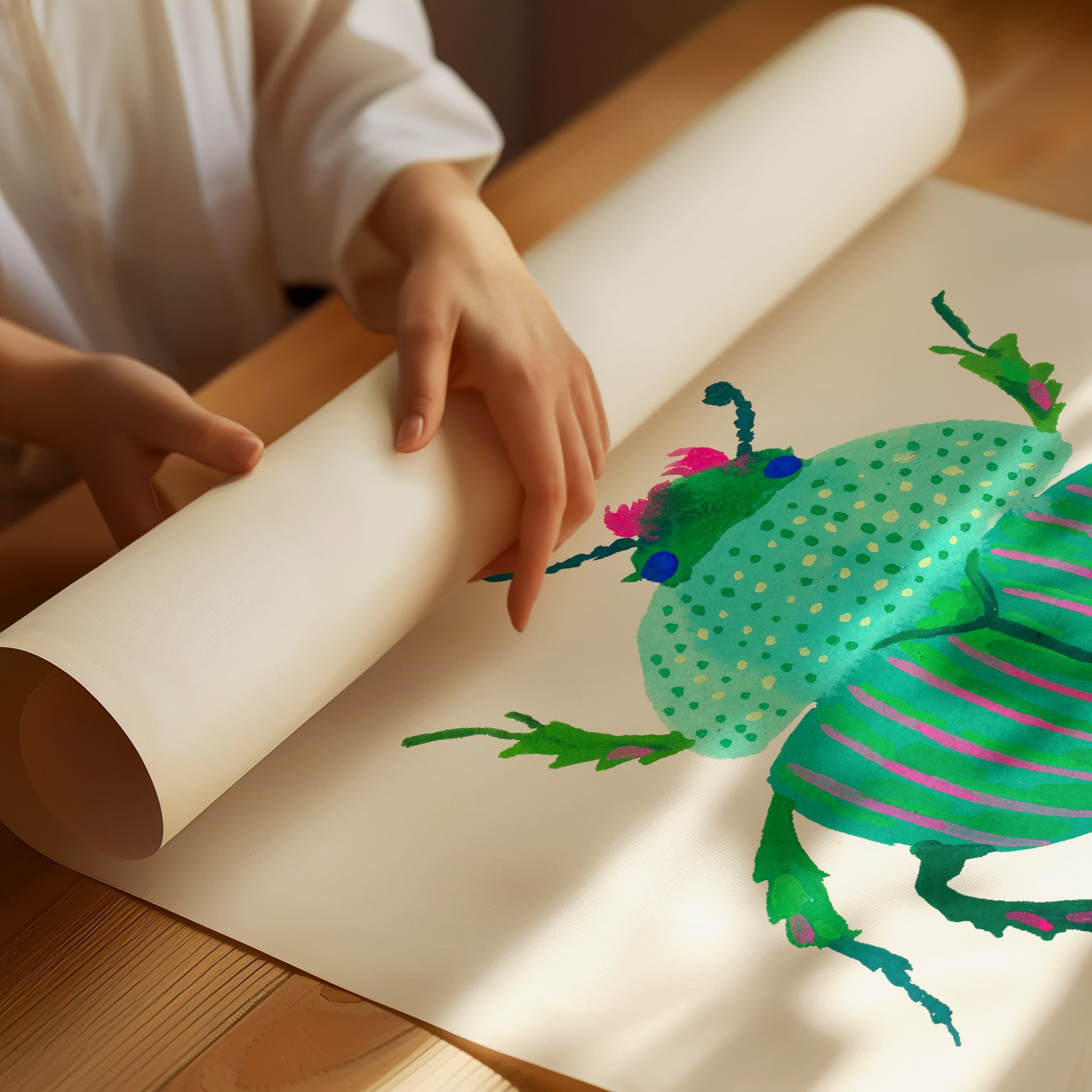 Cute turquoise and pink beetle art print, gouache on paper. Realistic beetle form with a colorful, stylized twist.
