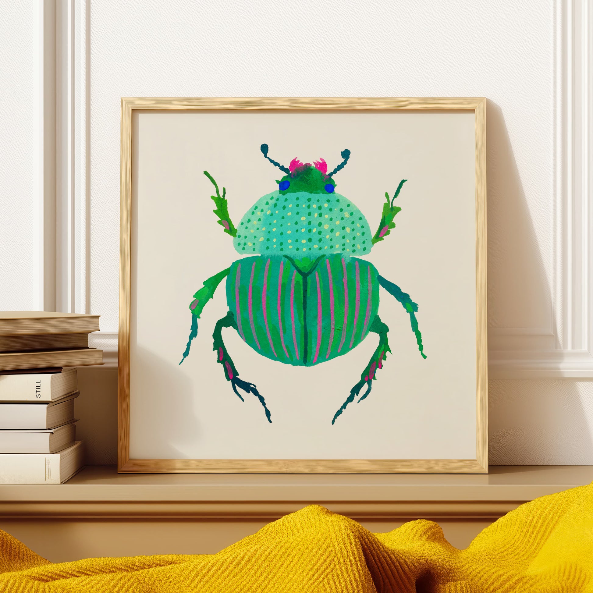 Whimsical turquoise beetle illustration with pink stripes and spots, hand-painted in gouache. A cheerful and imaginative take on nature’s tiny creatures.