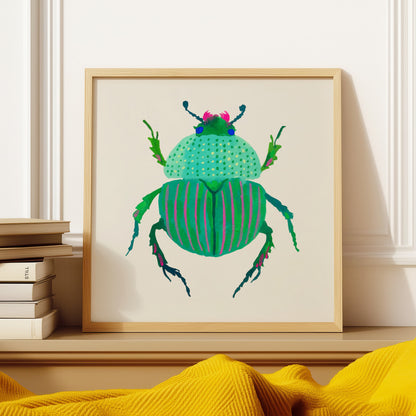 Whimsical turquoise beetle illustration with pink stripes and spots, hand-painted in gouache. A cheerful and imaginative take on nature’s tiny creatures.
