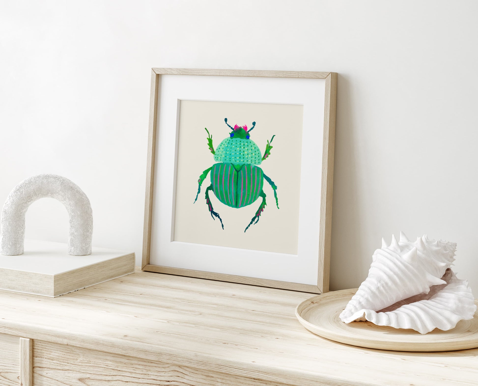 Cute turquoise and pink beetle art print, gouache on paper. Realistic beetle form with a colorful, stylized twist.