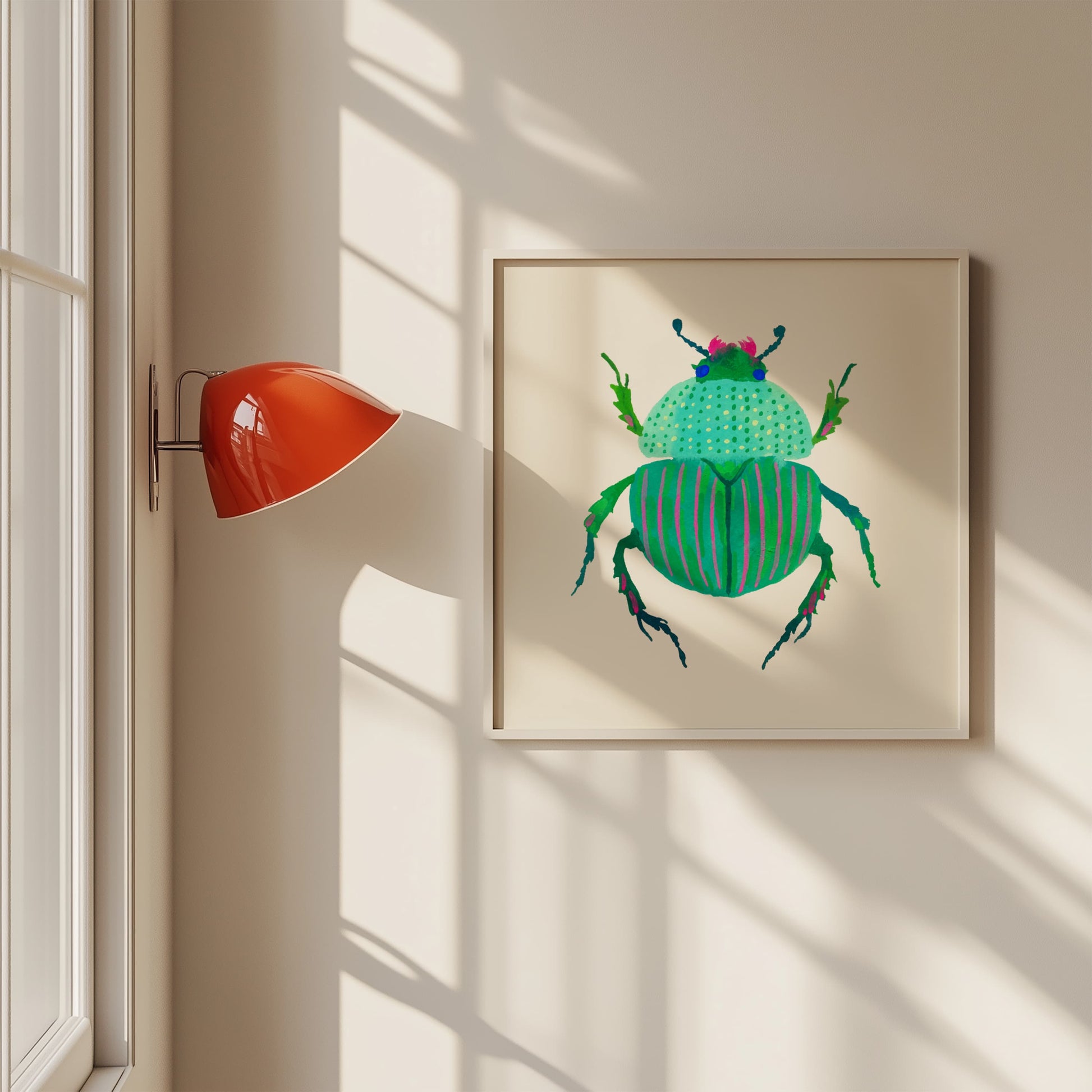 Cute turquoise and pink beetle art print, gouache on paper. Realistic beetle form with a colorful, stylized twist.