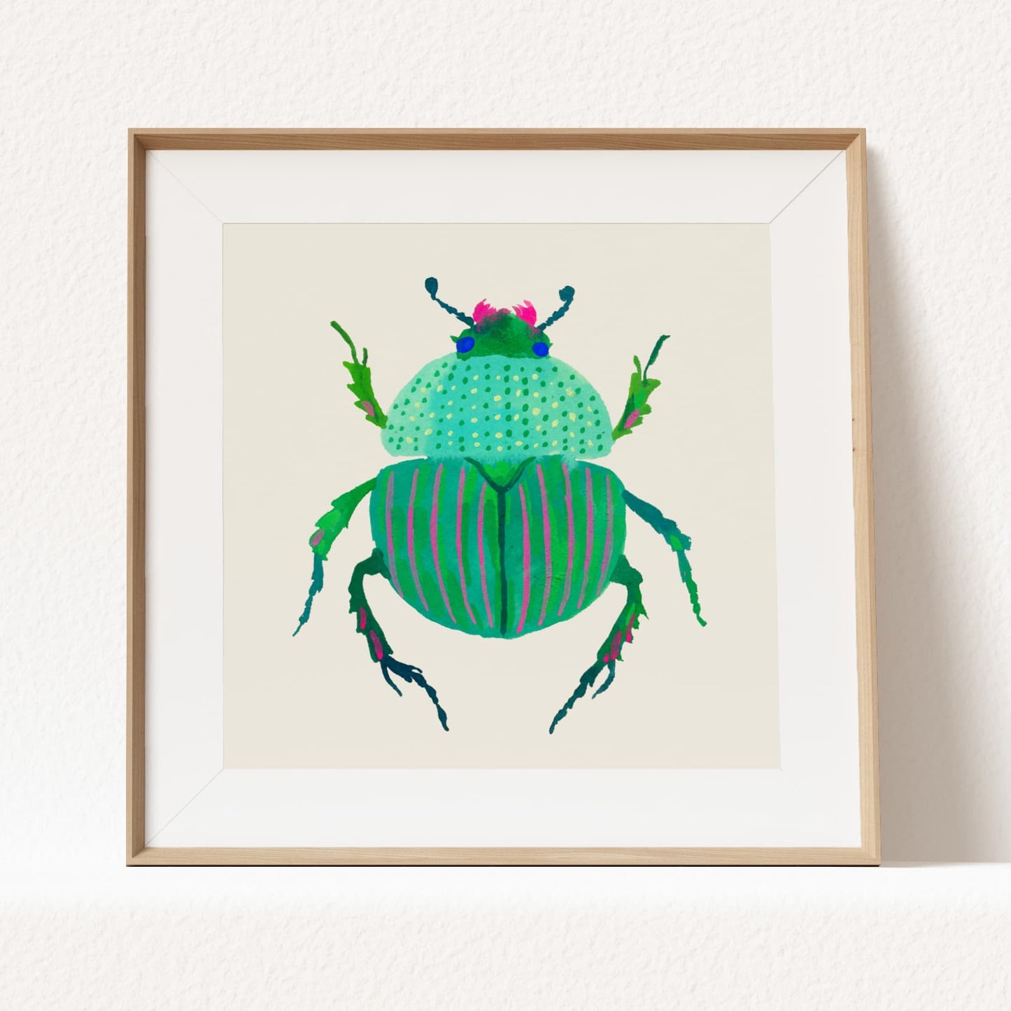 Whimsical turquoise beetle illustration with pink stripes and spots, hand-painted in gouache. A cheerful and imaginative take on nature’s tiny creatures.