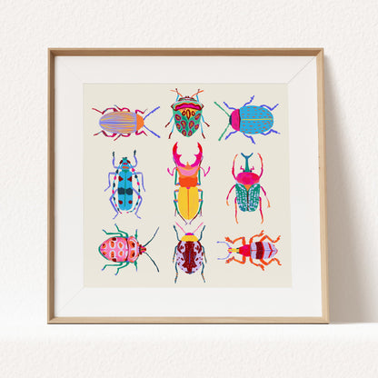 Vibrant illustration of a collection of beetles inspired by the Science Museum in Minneapolis – colorful and intricate nature art print for modern home decor