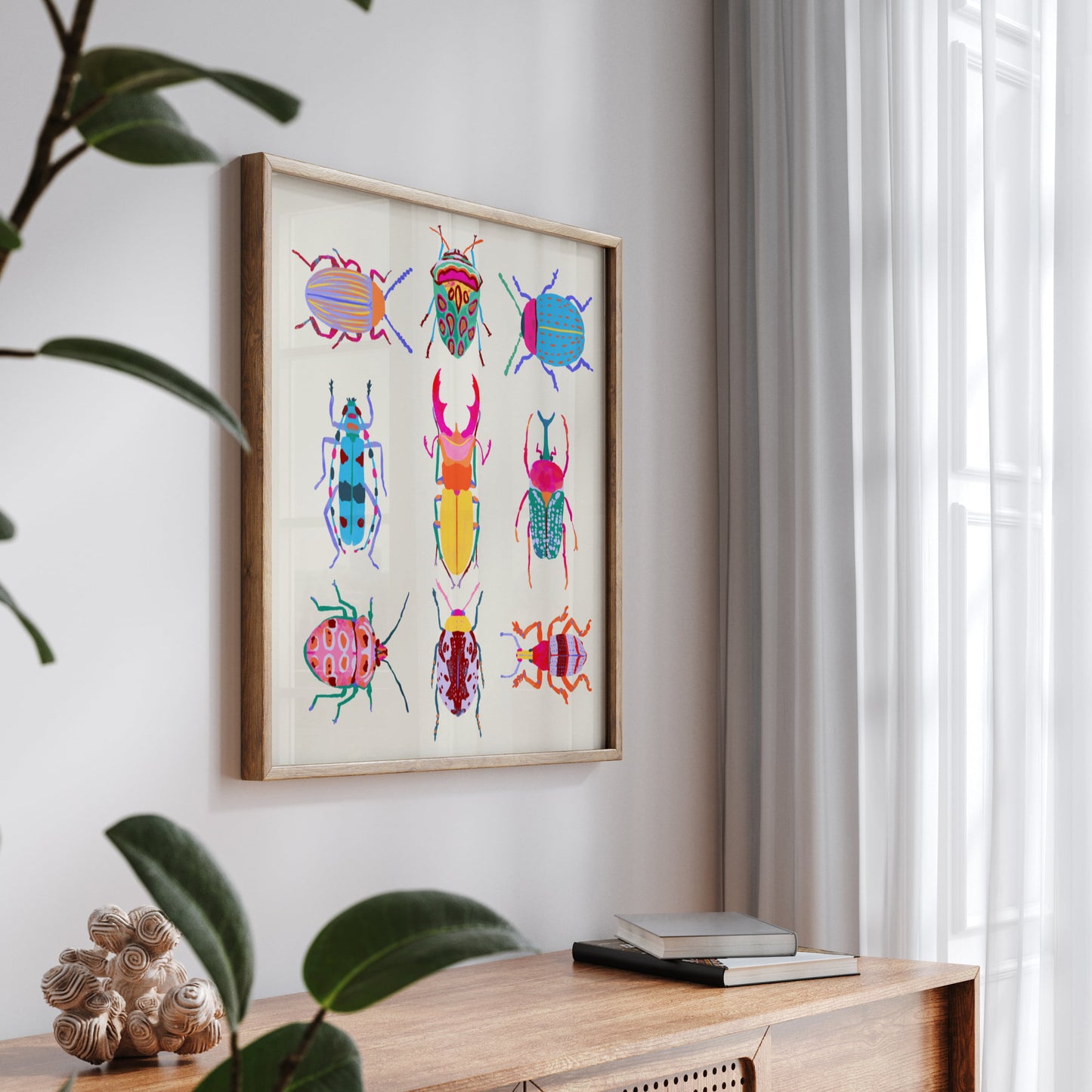 Vibrant illustration of a collection of beetles inspired by the Science Museum in Minneapolis – colorful and intricate nature art print for modern home decor