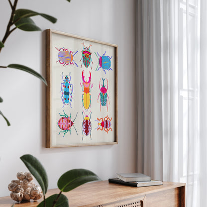 Vibrant illustration of a collection of beetles inspired by the Science Museum in Minneapolis – colorful and intricate nature art print for modern home decor