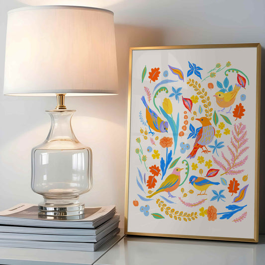 Colorful birds surrounded by lush botanical leaves in a vibrant art print.
