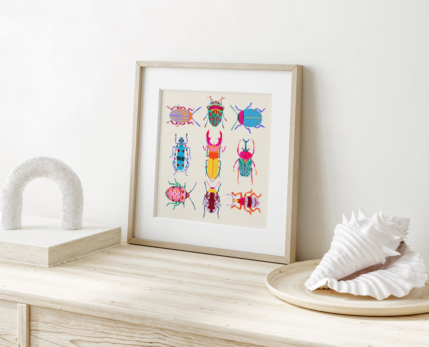 Vibrant illustration of a collection of beetles inspired by the Science Museum in Minneapolis – colorful and intricate nature art print for modern home decor