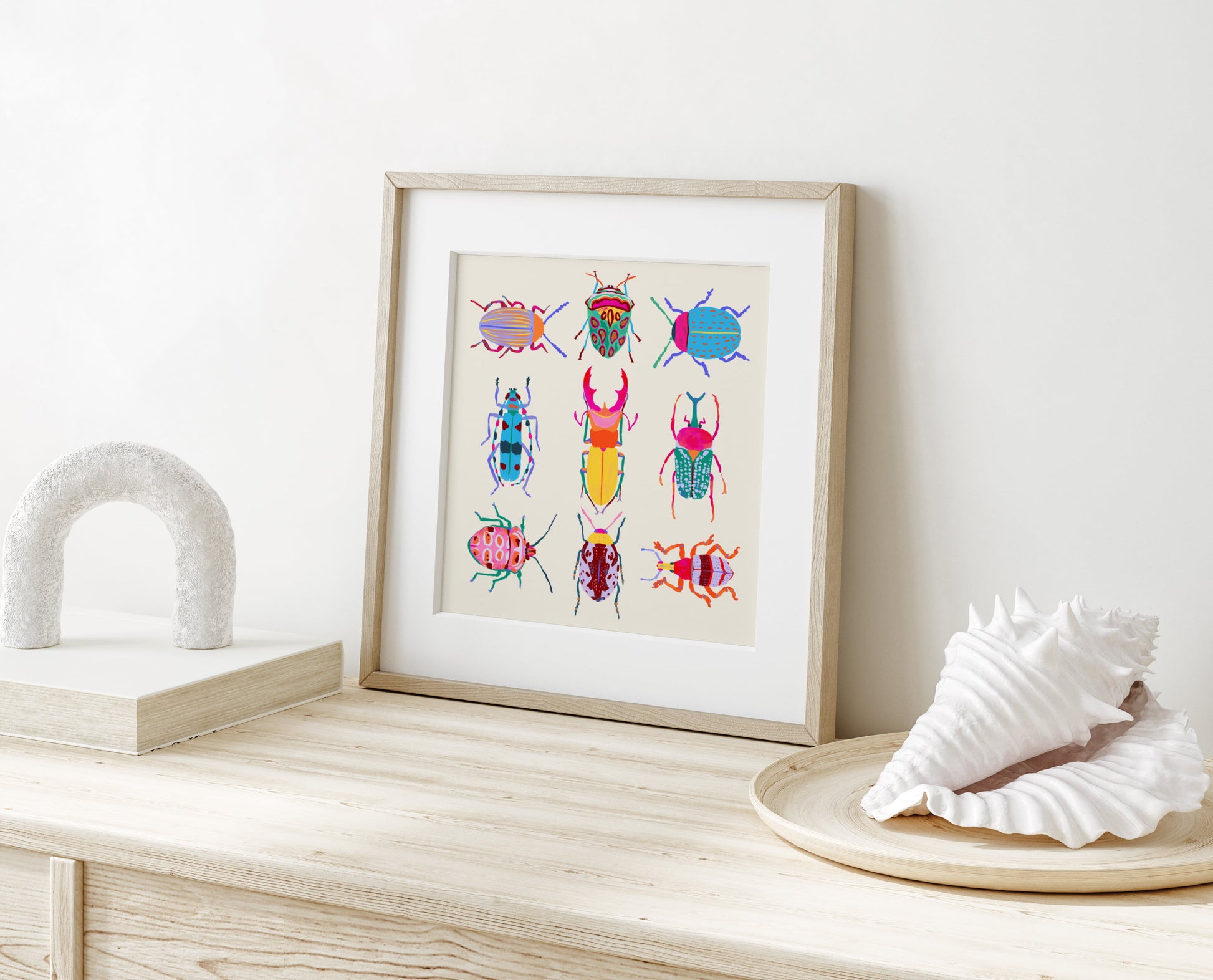 Vibrant illustration of a collection of beetles inspired by the Science Museum in Minneapolis – colorful and intricate nature art print for modern home decor