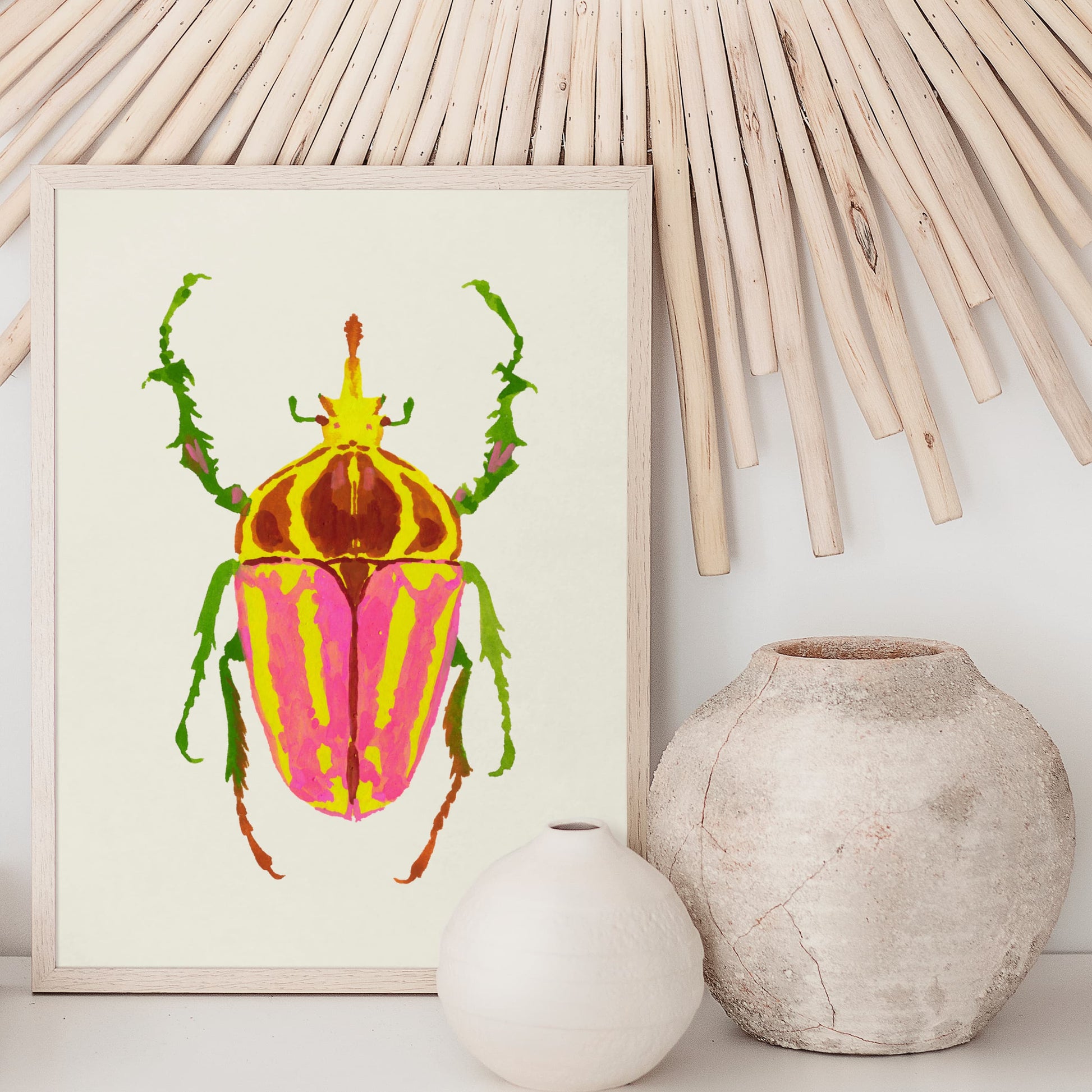 Gouache painting of a colorful rhinoceros beetle with a distinctive horn and vibrant body, reimagined with artistic colors. Part of a whimsical beetle art print collection inspired by real insect shapes.