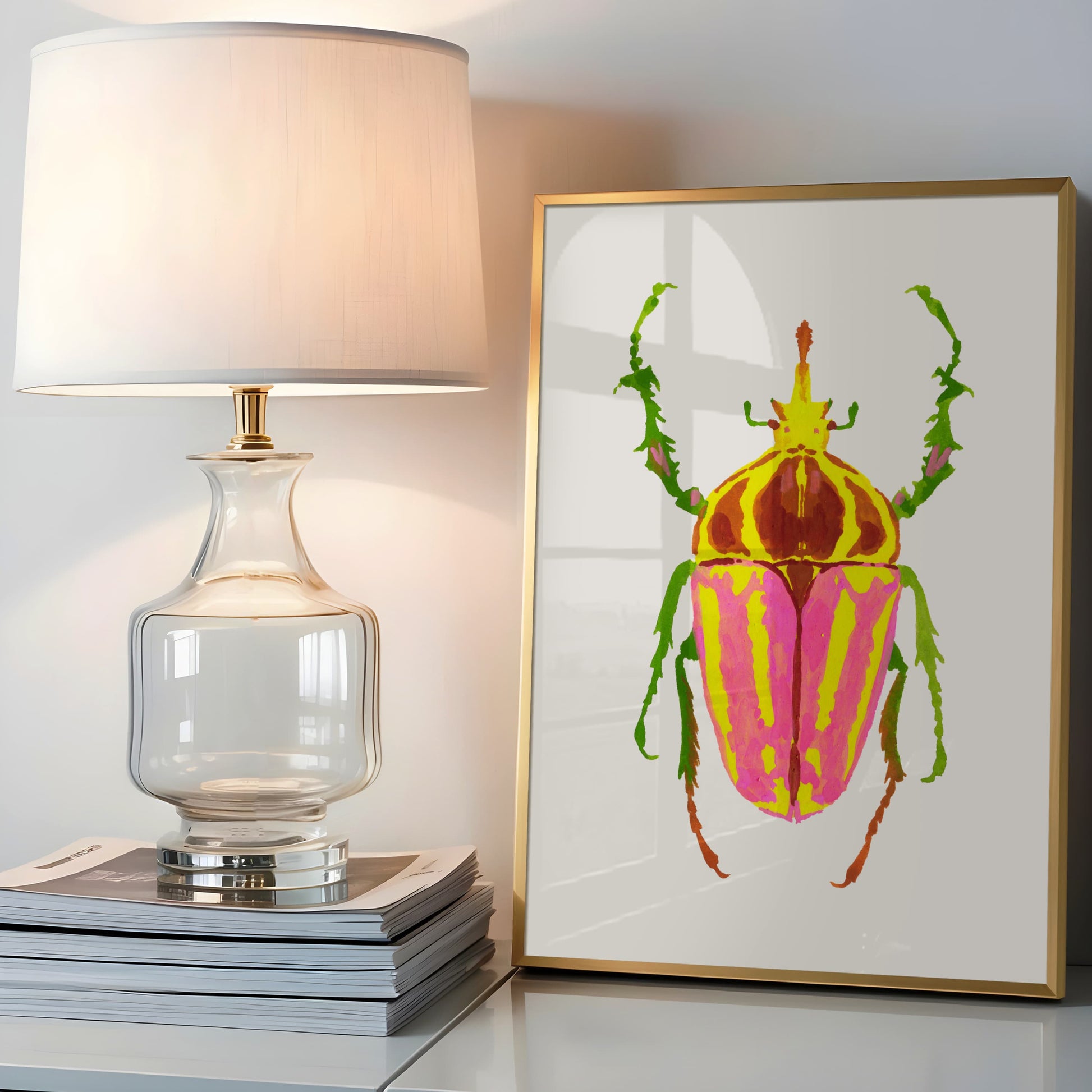 Gouache painting of a colorful rhinoceros beetle with a distinctive horn and vibrant body, reimagined with artistic colors. Part of a whimsical beetle art print collection inspired by real insect shapes.