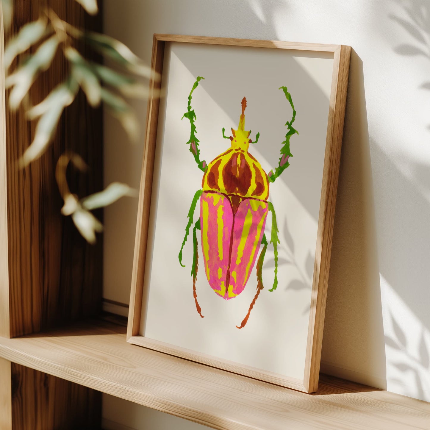 Gouache painting of a colorful rhinoceros beetle with a distinctive horn and vibrant body, reimagined with artistic colors. Part of a whimsical beetle art print collection inspired by real insect shapes.