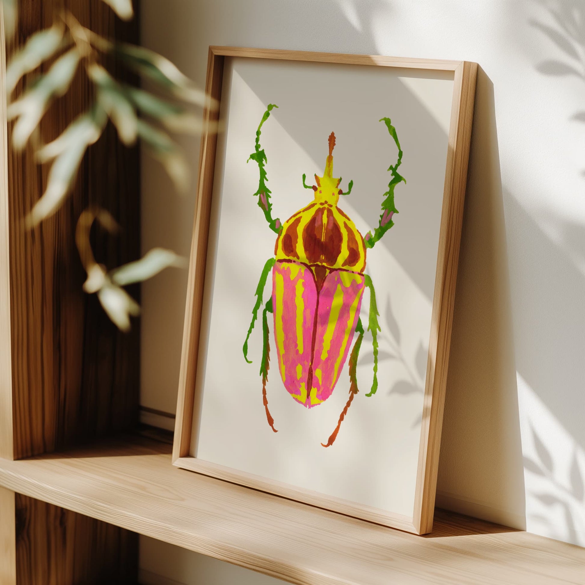 Gouache painting of a colorful rhinoceros beetle with a distinctive horn and vibrant body, reimagined with artistic colors. Part of a whimsical beetle art print collection inspired by real insect shapes.