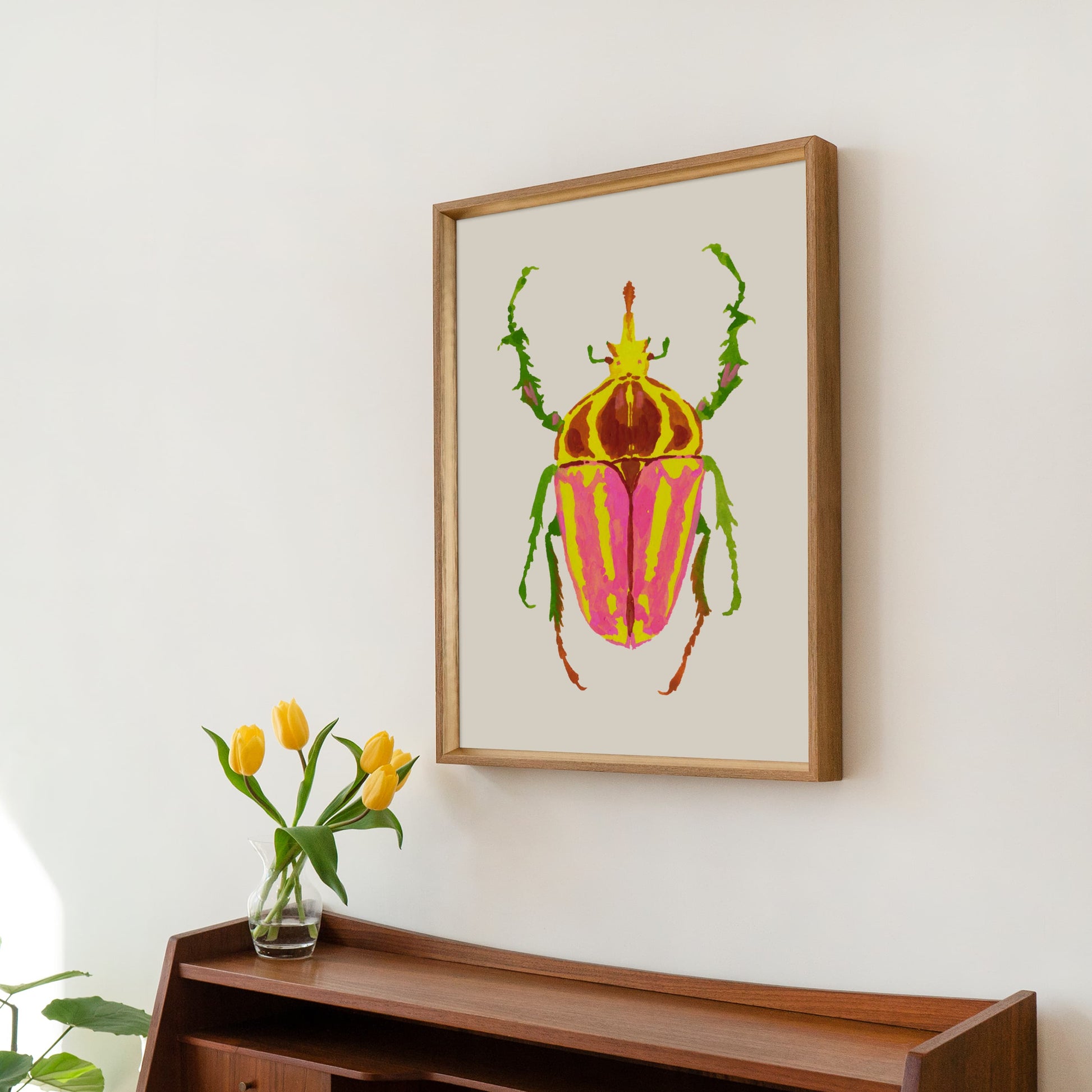 Gouache painting of a colorful rhinoceros beetle with a distinctive horn and vibrant body, reimagined with artistic colors. Part of a whimsical beetle art print collection inspired by real insect shapes.
