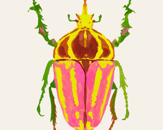 Gouache painting of a colorful rhinoceros beetle with a distinctive horn and vibrant body, reimagined with artistic colors. Part of a whimsical beetle art print collection inspired by real insect shapes.