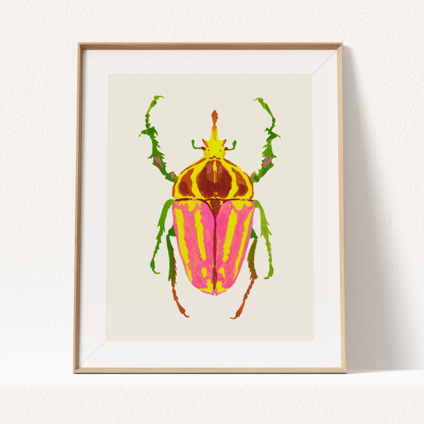 Gouache painting of a colorful rhinoceros beetle with a distinctive horn and vibrant body, reimagined with artistic colors. Part of a whimsical beetle art print collection inspired by real insect shapes.