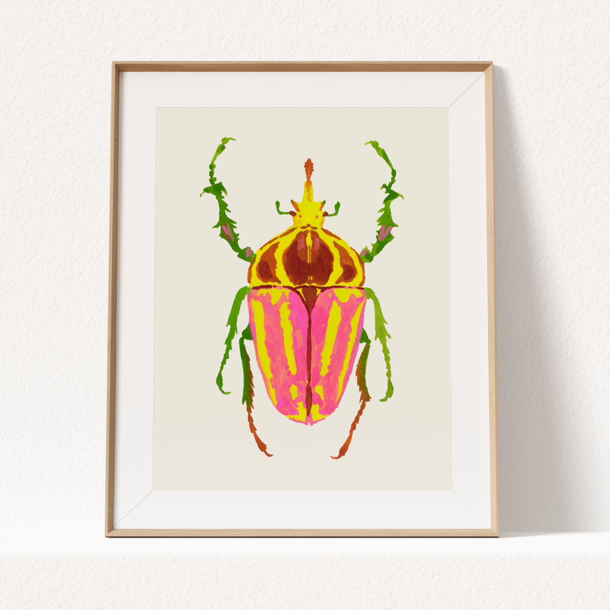 Gouache painting of a colorful rhinoceros beetle with a distinctive horn and vibrant body, reimagined with artistic colors. Part of a whimsical beetle art print collection inspired by real insect shapes.