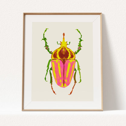 Gouache painting of a colorful rhinoceros beetle with a distinctive horn and vibrant body, reimagined with artistic colors. Part of a whimsical beetle art print collection inspired by real insect shapes.