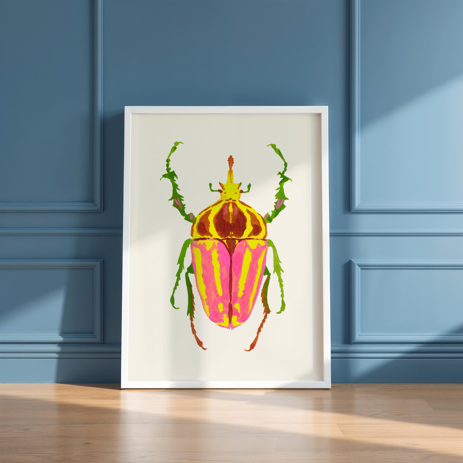 Gouache painting of a colorful rhinoceros beetle with a distinctive horn and vibrant body, reimagined with artistic colors. Part of a whimsical beetle art print collection inspired by real insect shapes.