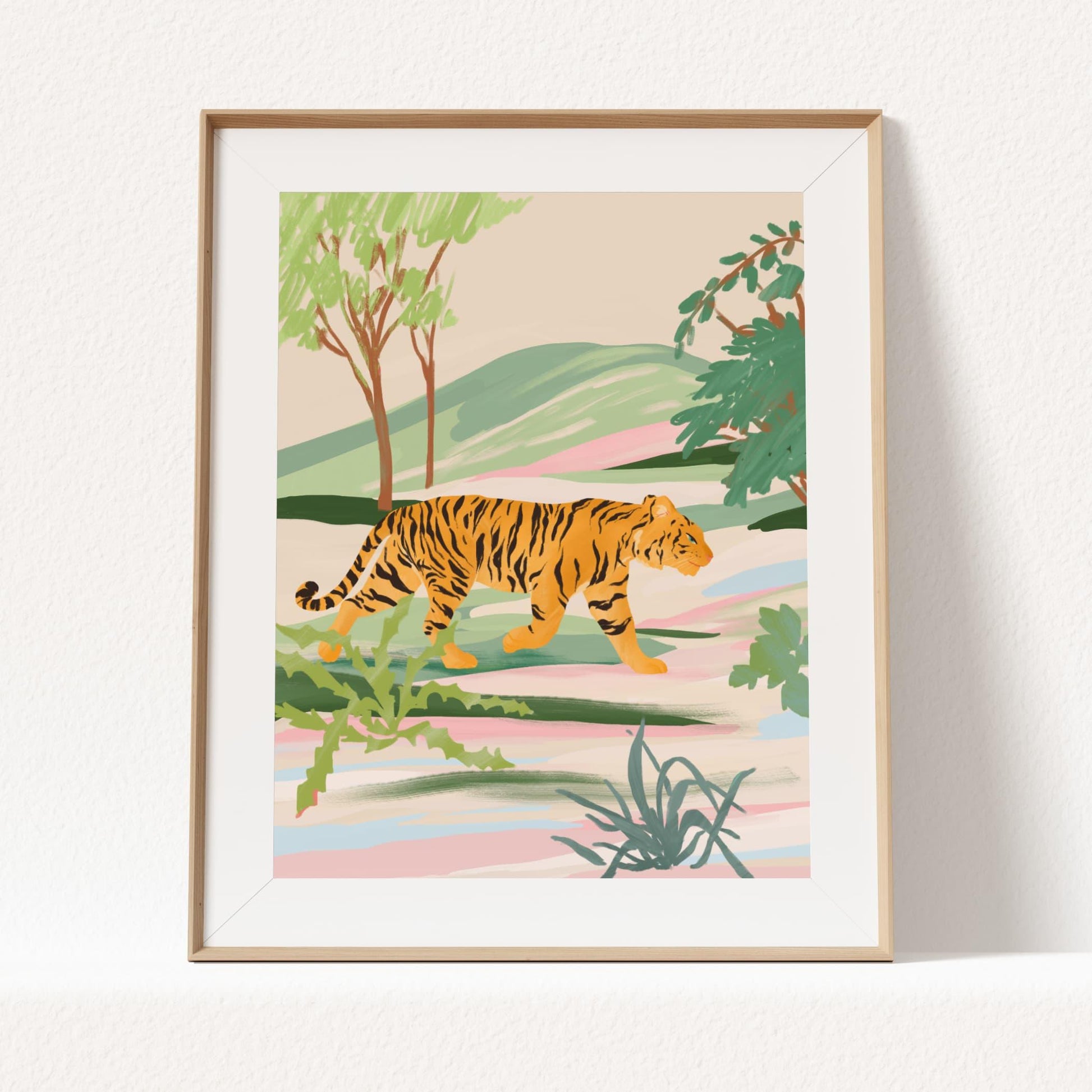 Serene illustration of a tiger walking through a textured field – tranquil nature-inspired animal art print evoking calm and harmony for modern home decor