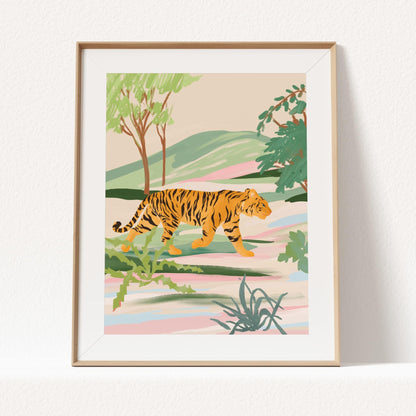Serene illustration of a tiger walking through a textured field – tranquil nature-inspired animal art print evoking calm and harmony for modern home decor