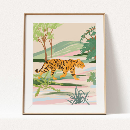 Serene illustration of a tiger walking through a textured field – tranquil nature-inspired animal art print evoking calm and harmony for modern home decor