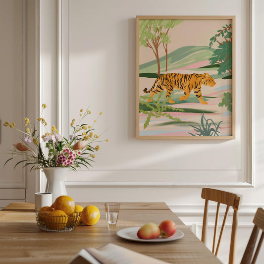 Serene illustration of a tiger walking through a textured field – tranquil nature-inspired animal art print evoking calm and harmony for modern home decor