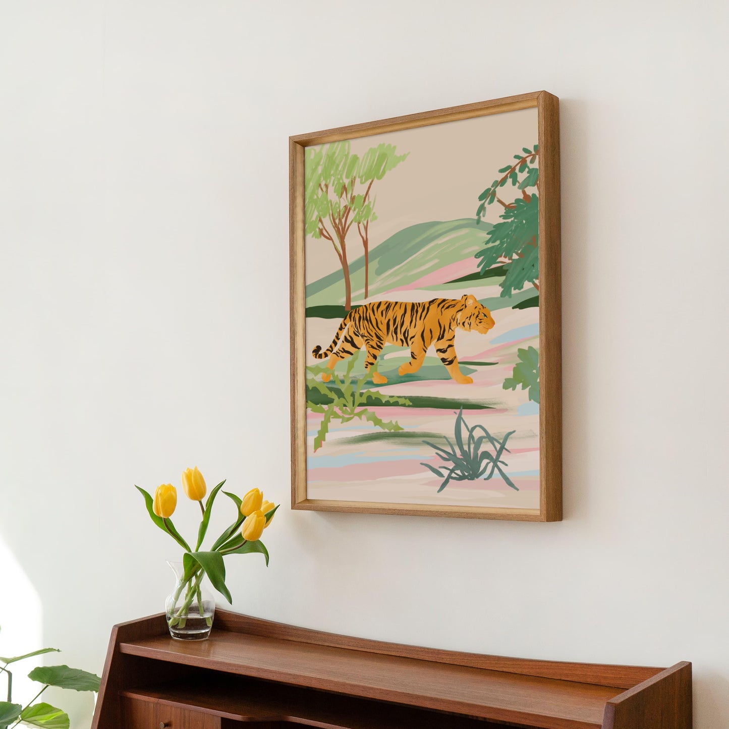 Serene illustration of a tiger walking through a textured field – tranquil nature-inspired animal art print evoking calm and harmony for modern home decor