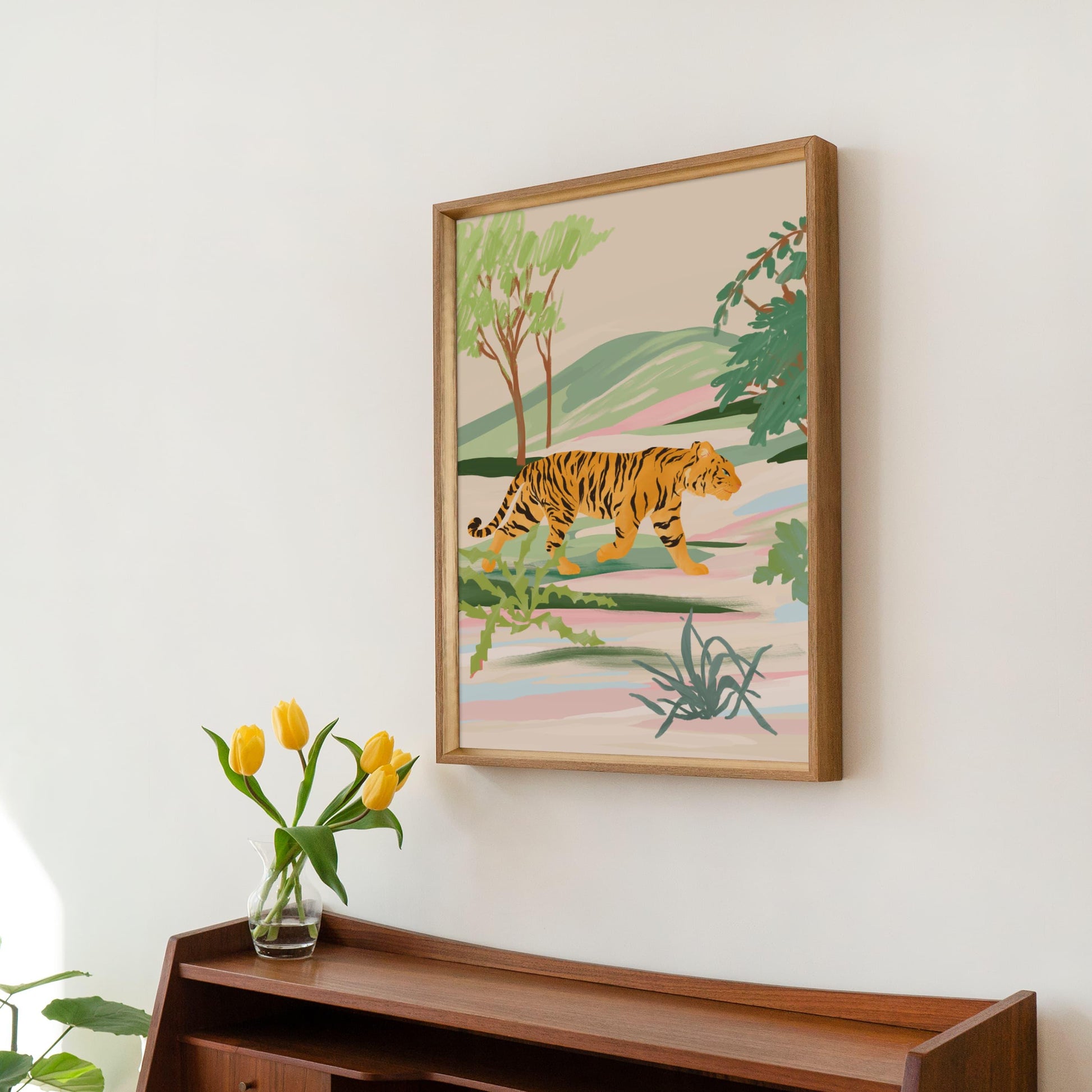 Serene illustration of a tiger walking through a textured field – tranquil nature-inspired animal art print evoking calm and harmony for modern home decor