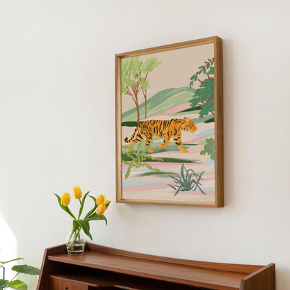 Serene illustration of a tiger walking through a textured field – tranquil nature-inspired animal art print evoking calm and harmony for modern home decor