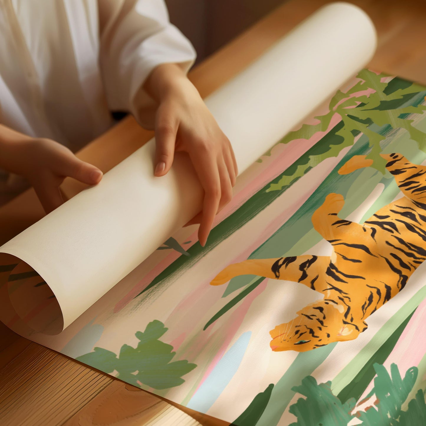 Serene illustration of a tiger walking through a textured field – tranquil nature-inspired animal art print evoking calm and harmony for modern home decor