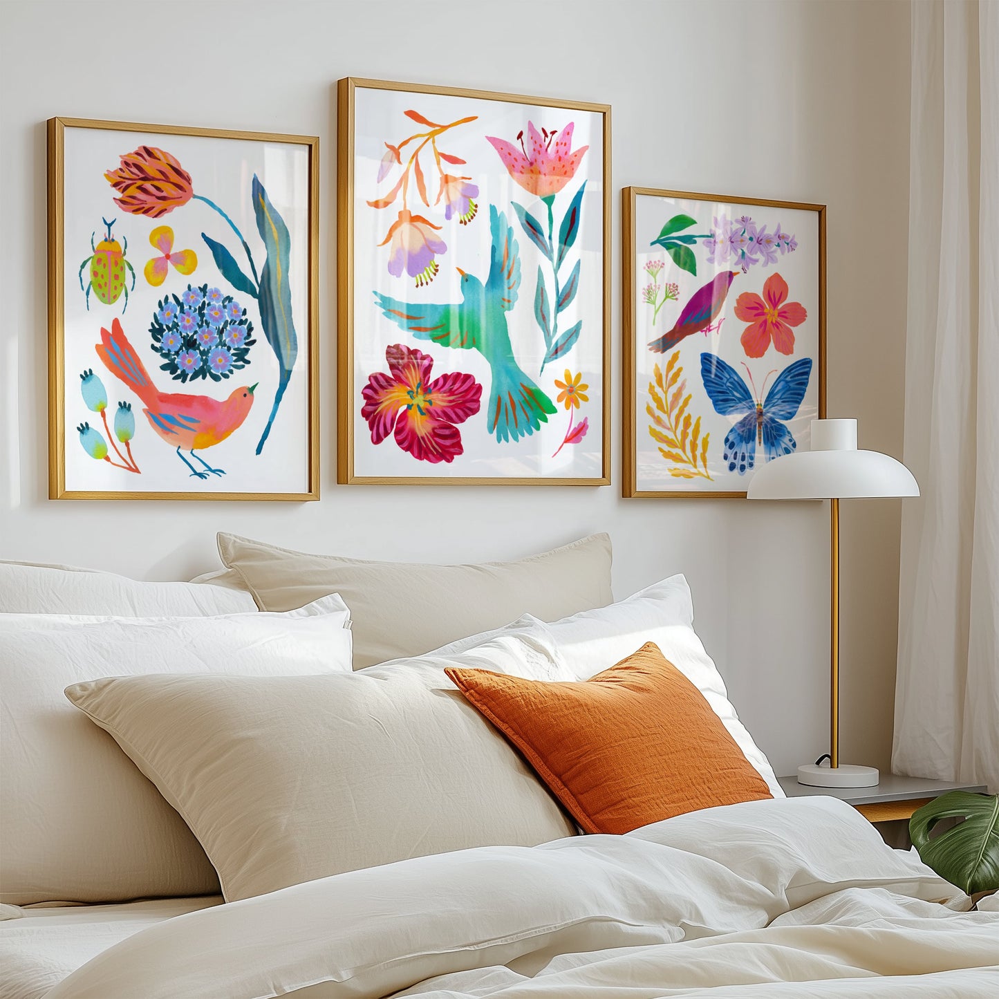 High-quality archival giclée art print by Sun Lee from the "Whispers of Spring" collection, featuring vibrant watercolor and gouache illustration of flowers, birds, and butterflies. Perfect for modern boho, Scandinavian, and nature-inspired homes, as well as eclectic and minimalist spaces. Ideal for nurseries and children's rooms, bringing color, joy, and tranquility to any space.