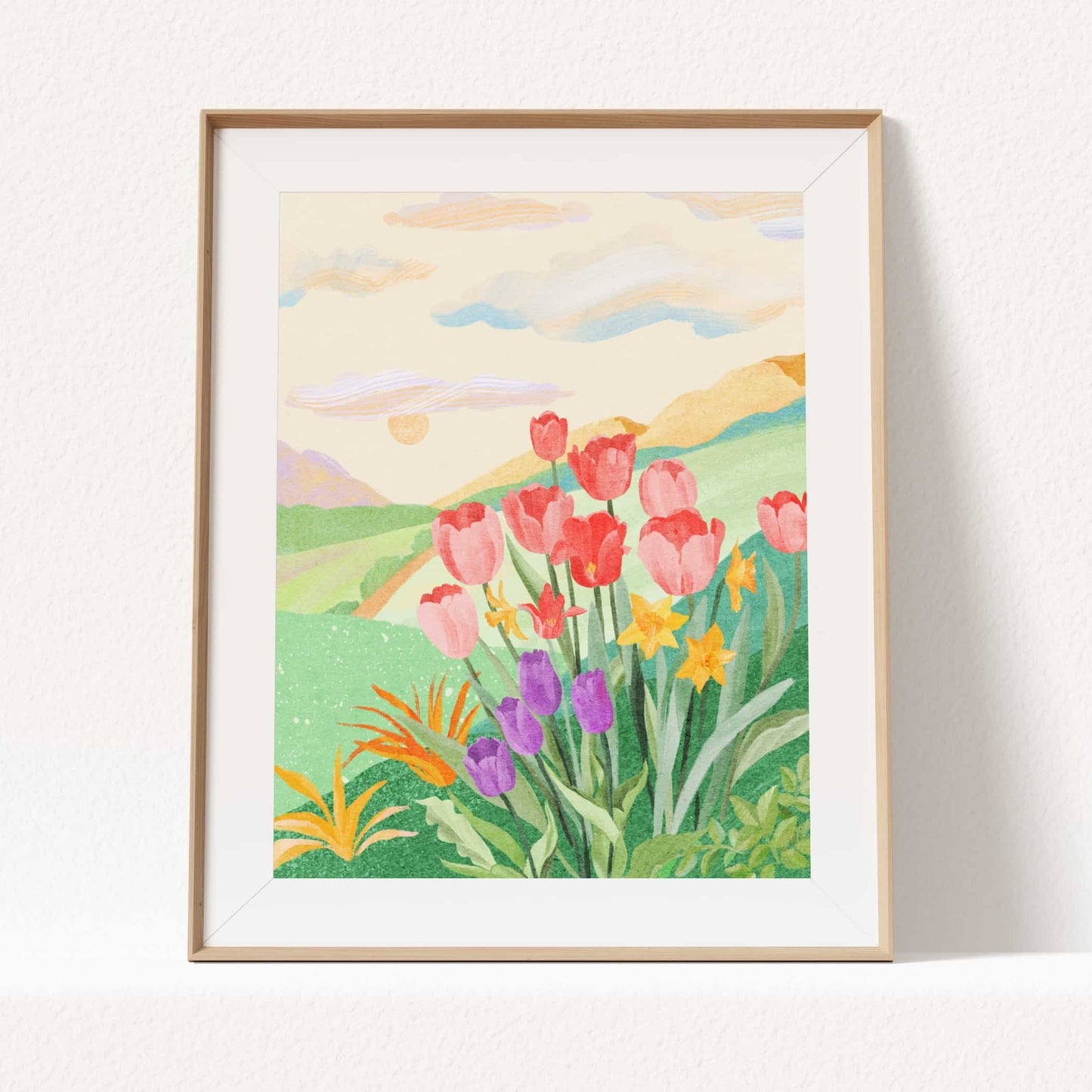 Flower-filled garden art print with a winding path through colorful blooms and soft rolling hills.