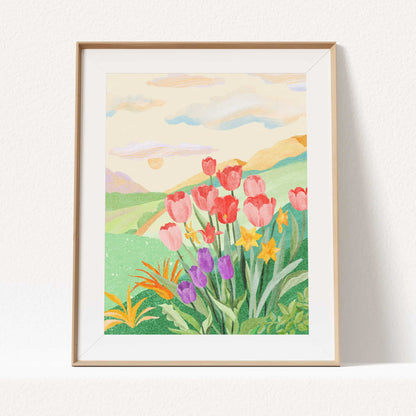 Flower-filled garden art print with a winding path through colorful blooms and soft rolling hills.