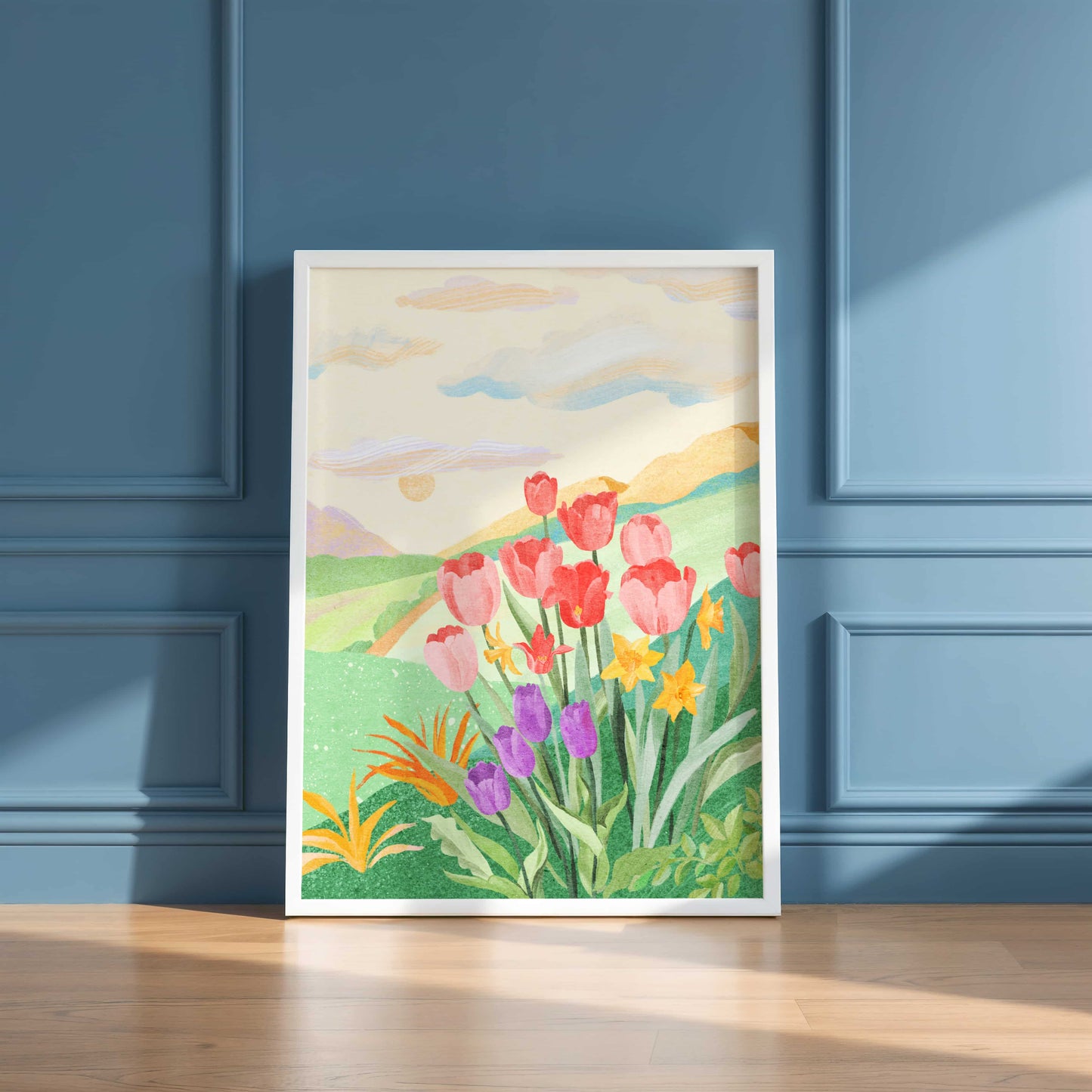 Serene floral landscape featuring a garden path surrounded by vibrant flowers and gentle hills.