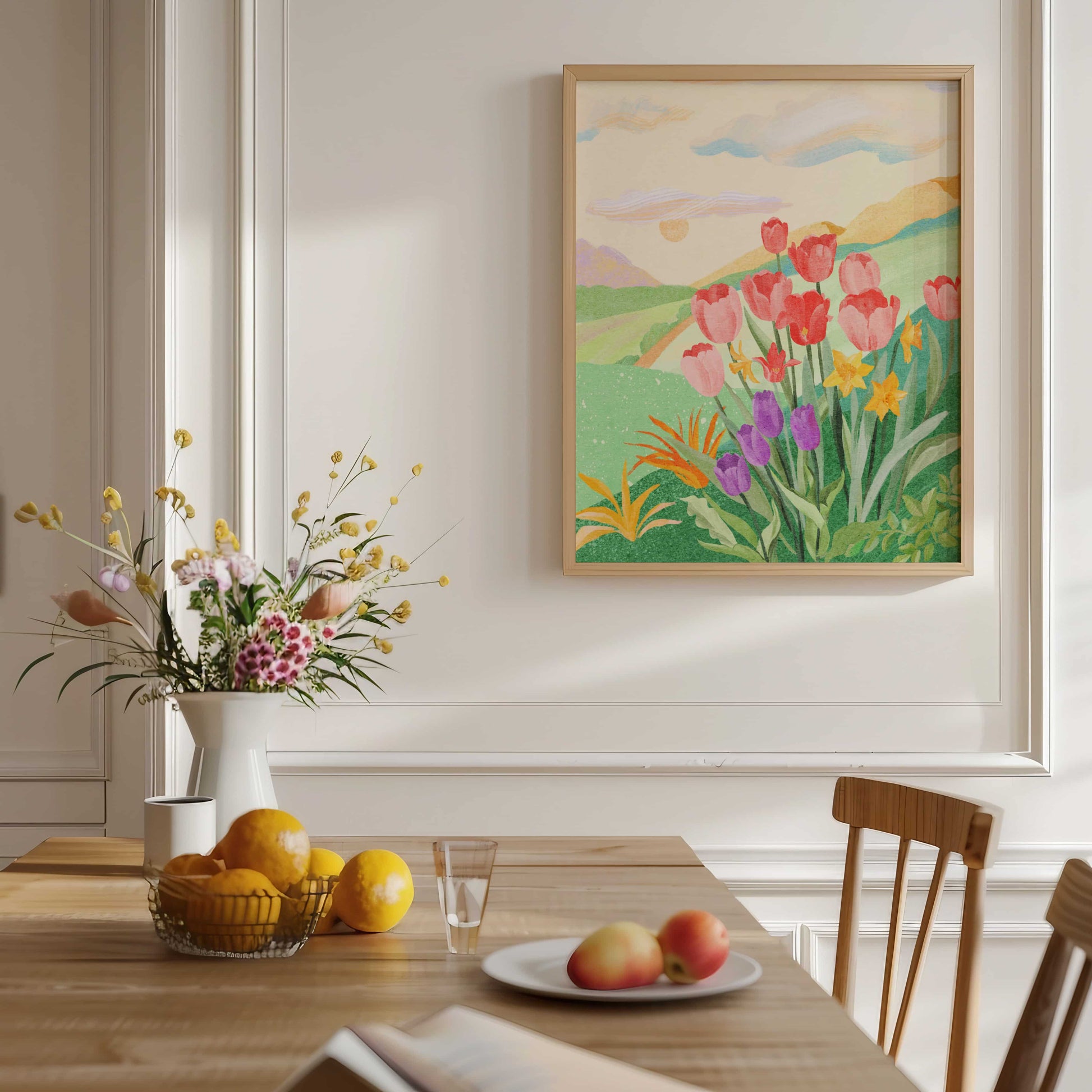Flower-filled garden art print with a winding path through colorful blooms and soft rolling hills.