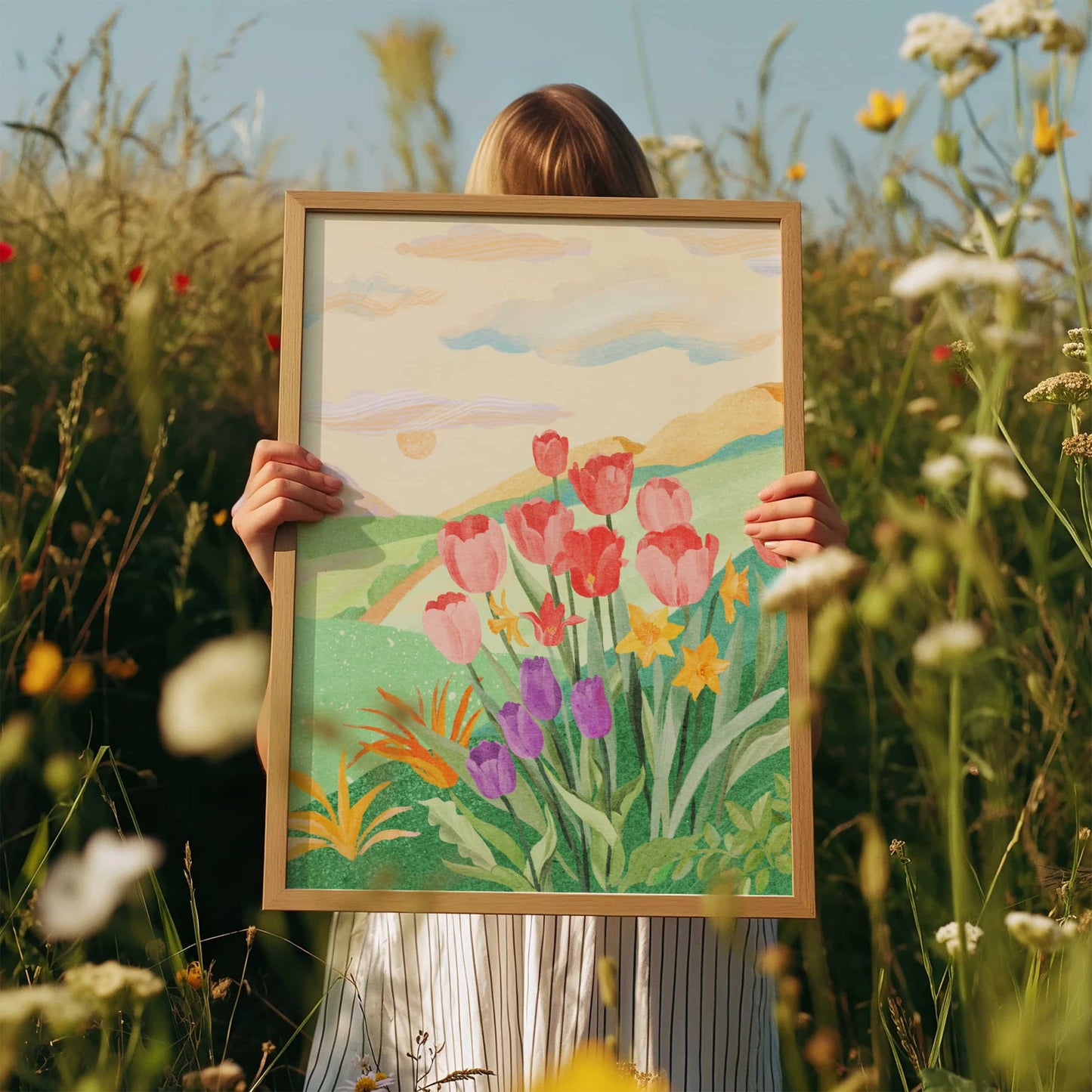 Flower-filled garden art print with a winding path through colorful blooms and soft rolling hills.