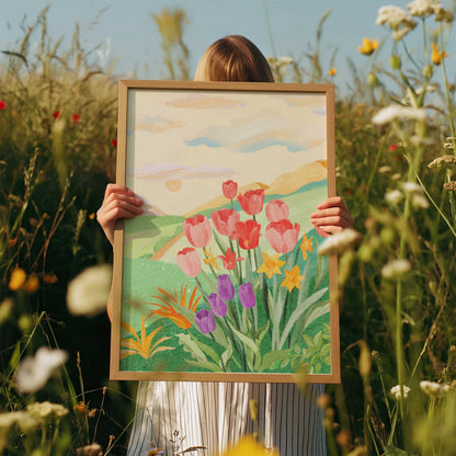 Flower-filled garden art print with a winding path through colorful blooms and soft rolling hills.