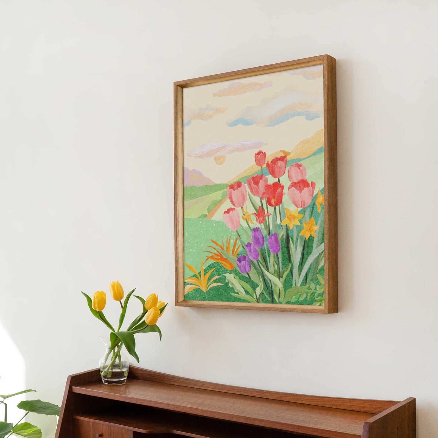 Serene floral landscape featuring a garden path surrounded by vibrant flowers and gentle hills.