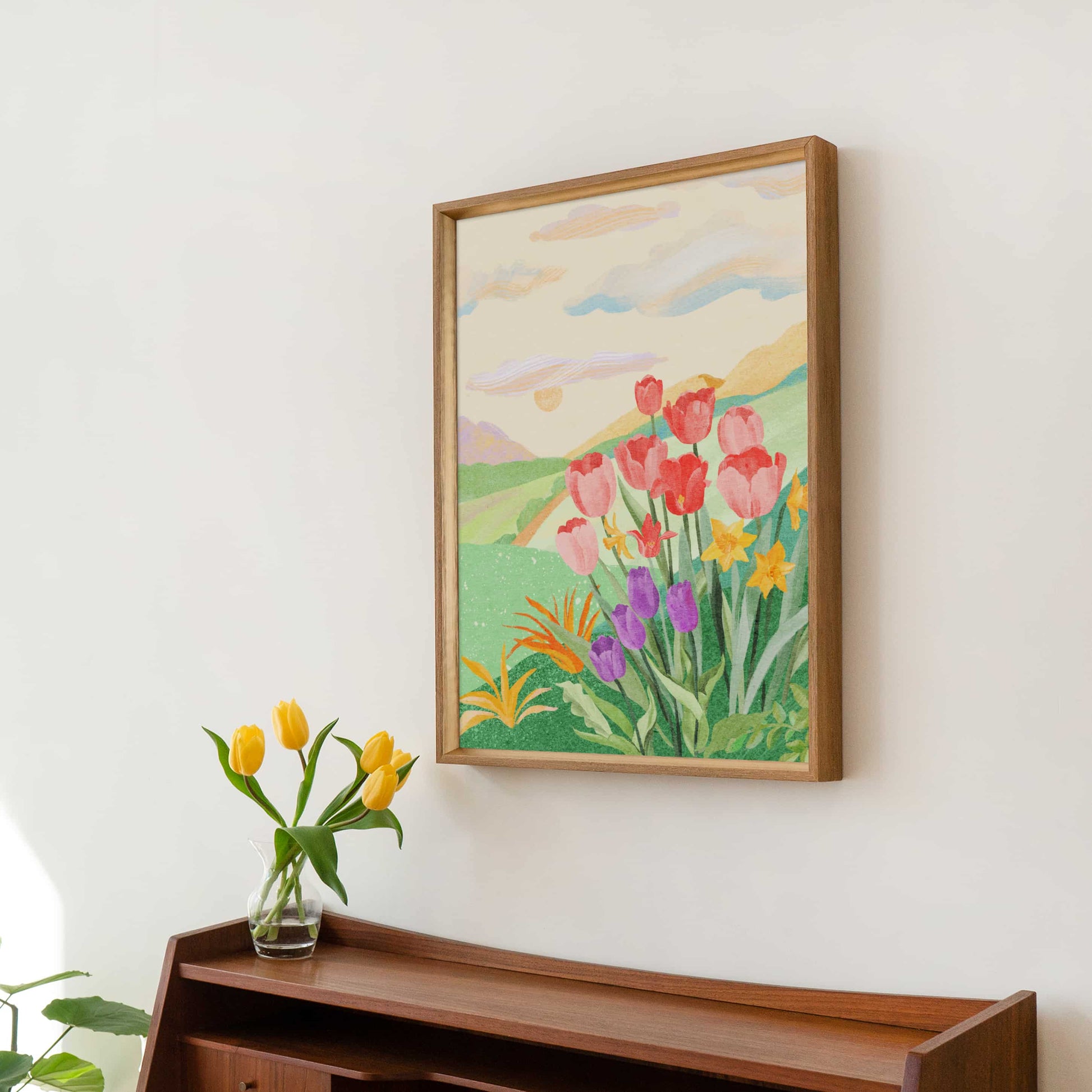 Serene floral landscape featuring a garden path surrounded by vibrant flowers and gentle hills.