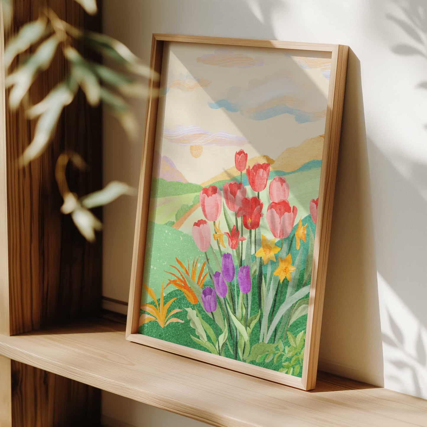 Serene floral landscape featuring a garden path surrounded by vibrant flowers and gentle hills.
