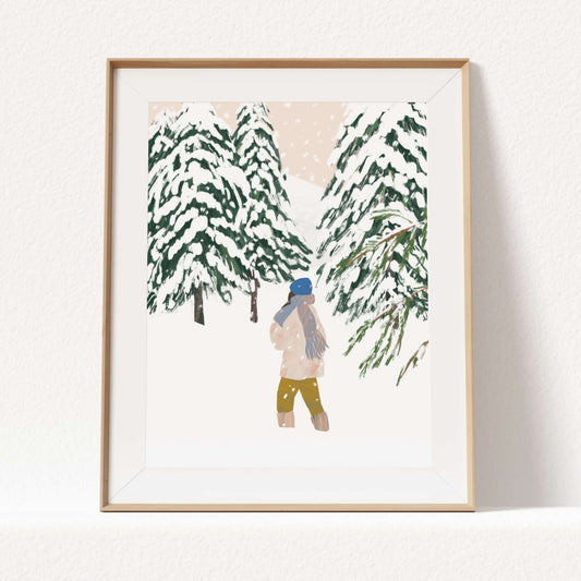 Winter forest scene with thick snow and a lone woman walking along the path.