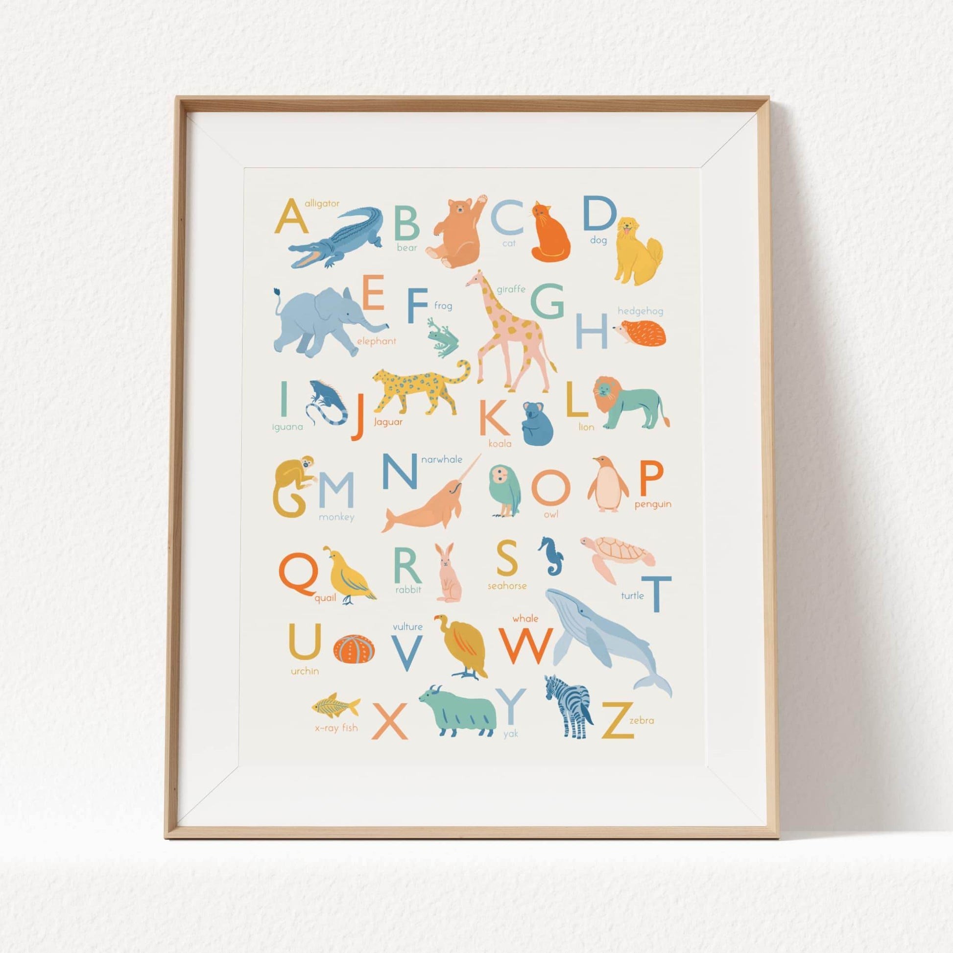 Animal alphabet ABC Giclée print featuring  animals representing each letter in soft, neutral tones.