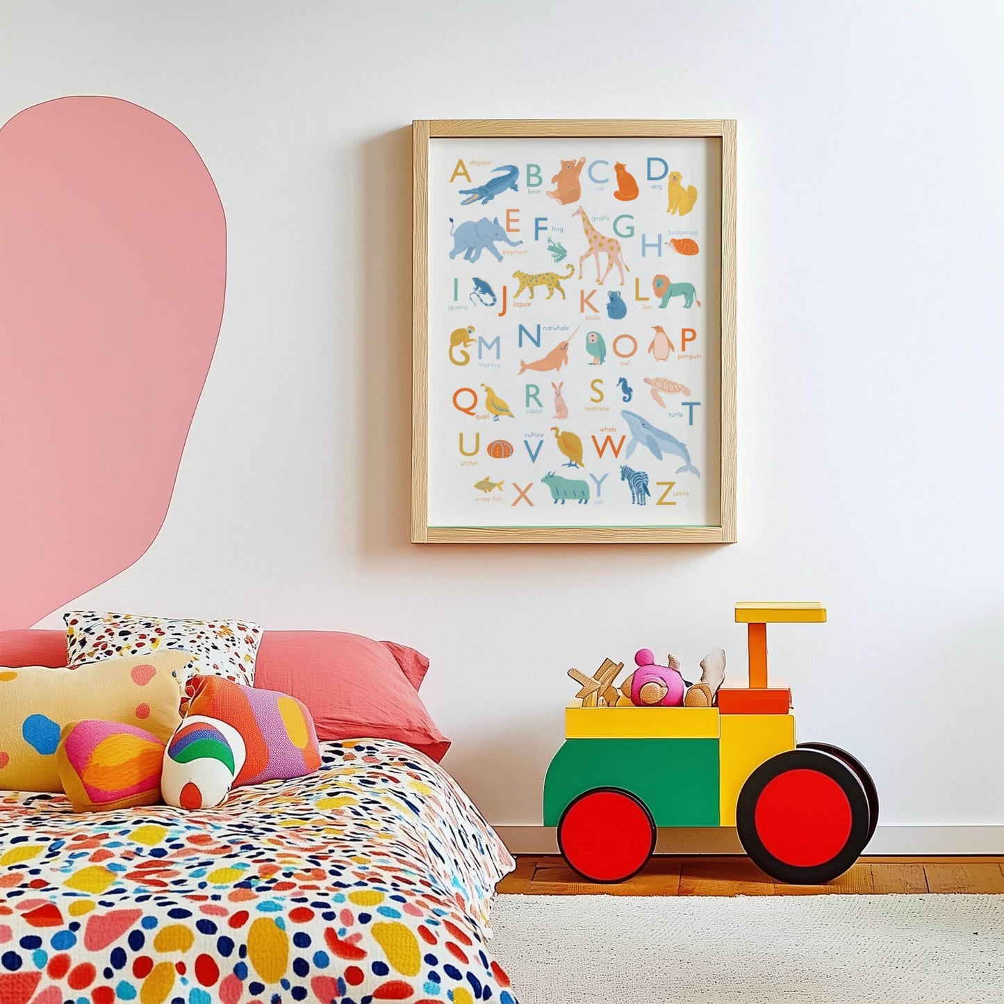 Animal alphabet ABC Giclée print featuring  animals representing each letter in soft, neutral tones.