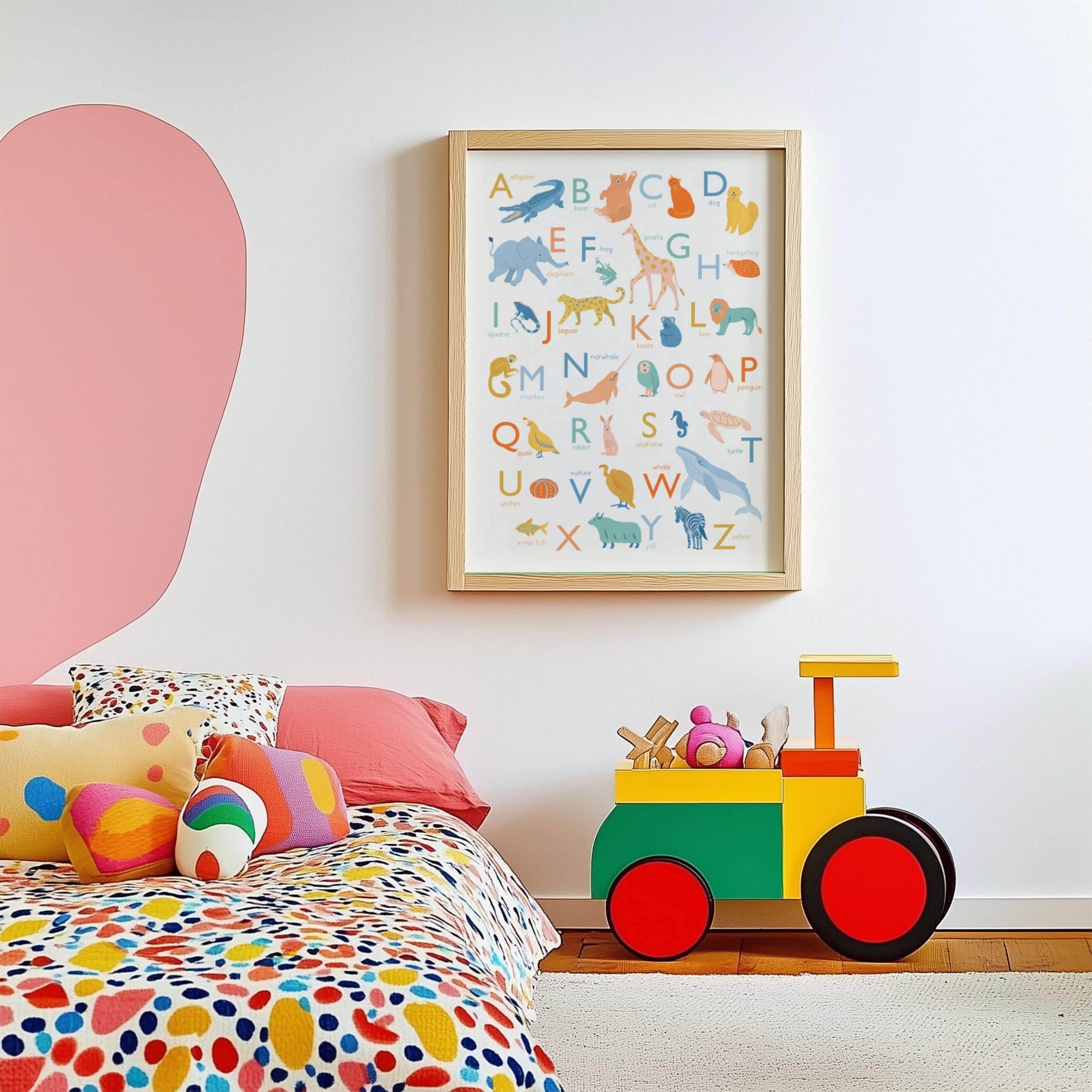 Animal alphabet ABC Giclée print featuring  animals representing each letter in soft, neutral tones.