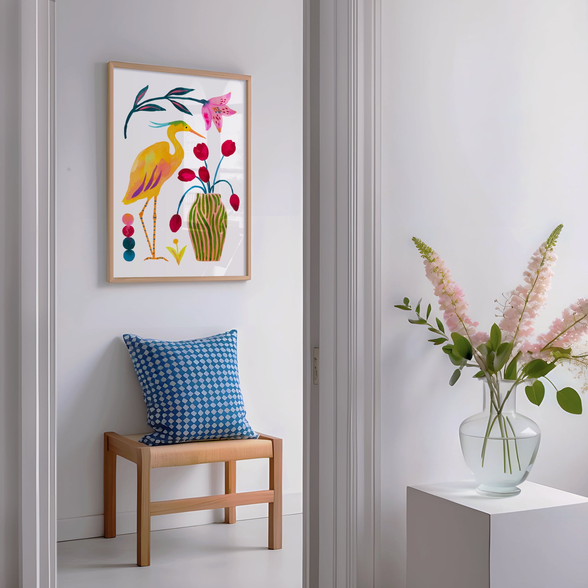 High-quality archival giclée art print by Sun Lee from the "Whispers of Spring" collection, featuring vibrant watercolor and gouache illustration of flowers, birds, and butterflies. Perfect for modern boho, Scandinavian, and nature-inspired homes, as well as eclectic and minimalist spaces. Ideal for nurseries and children's rooms, bringing color, joy, and tranquility to any space.